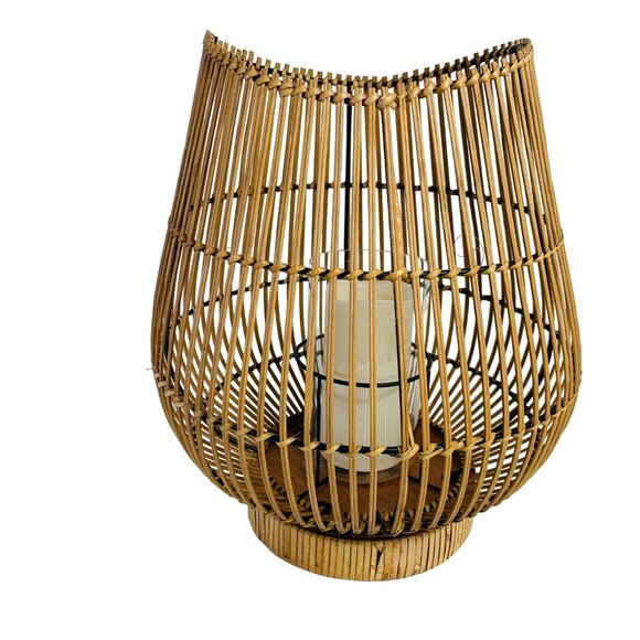 Boho Bamboo Candle Holder Lantern Glass Insert 16" Curved Rustic Home Decor Tabl - Picture 7 of 16
